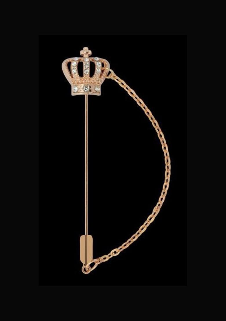 Men Rhinestone Studded British Crown With Chain Lapel Pin Brooch