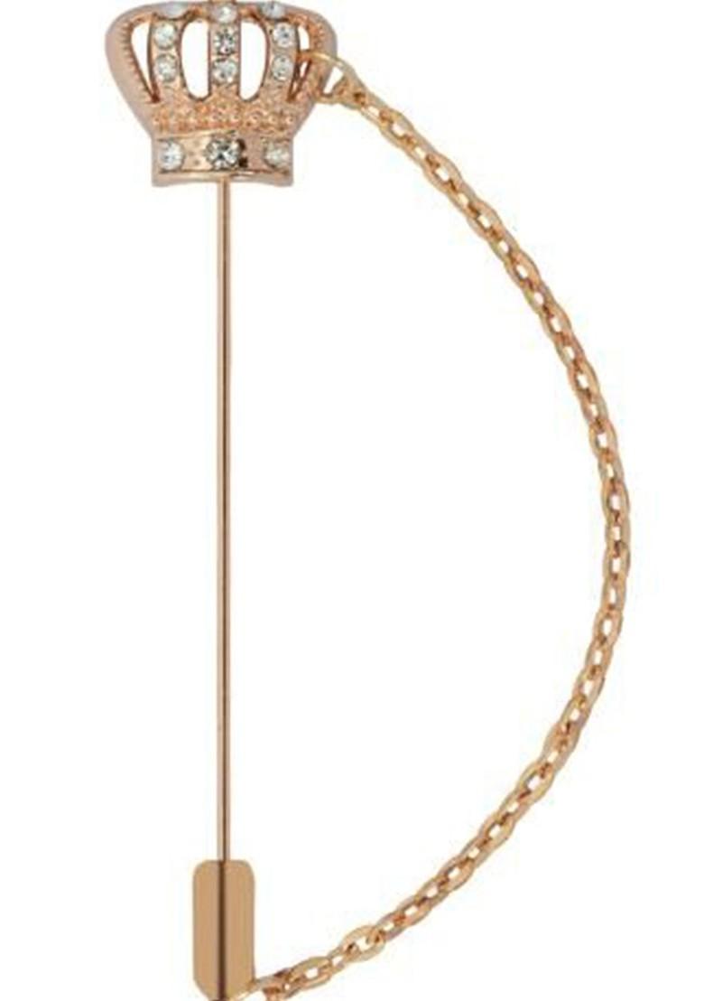 Men Rhinestone Studded British Crown With Chain Lapel Pin Brooch