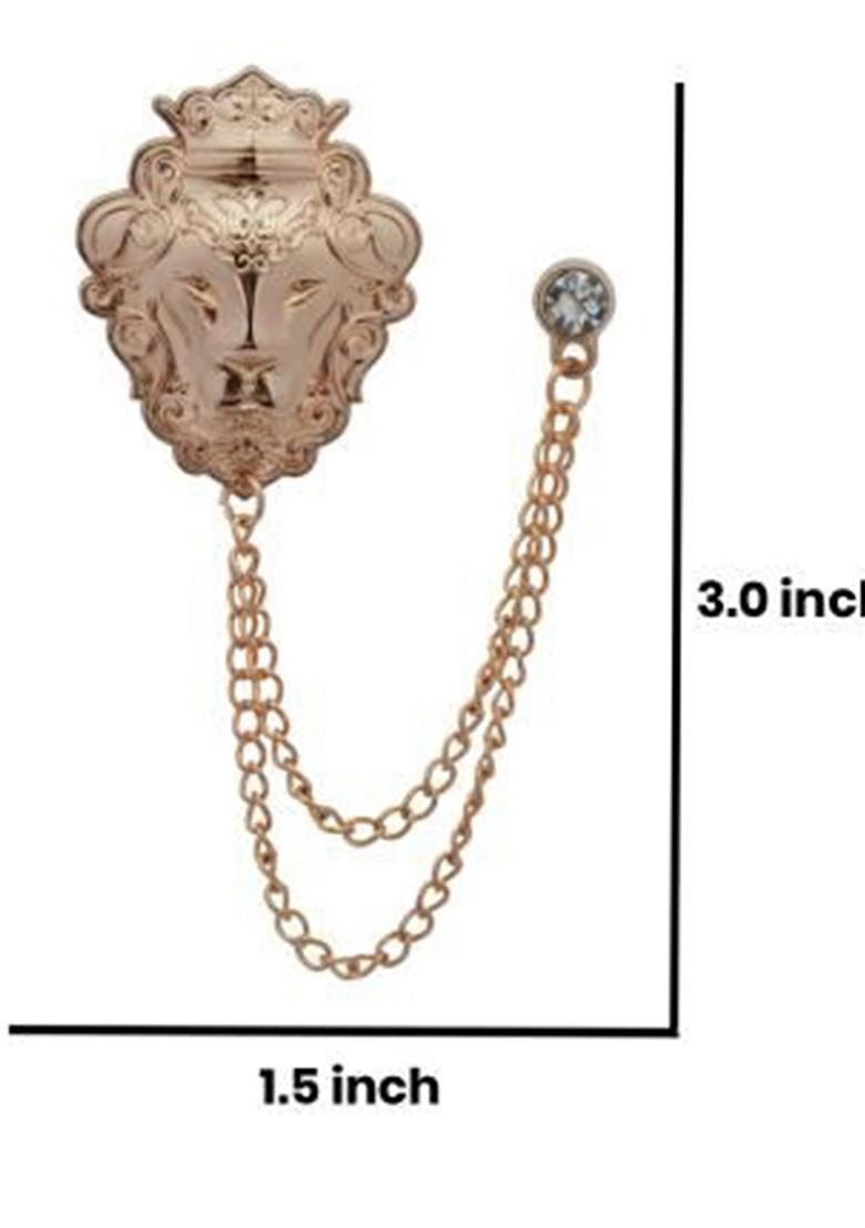 Men Rose Gold Plated Zircon Studded Lion Design With Chain Brooch