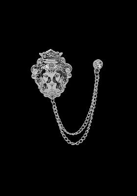 Men Silver Plated Lion Design With Chain Brooch