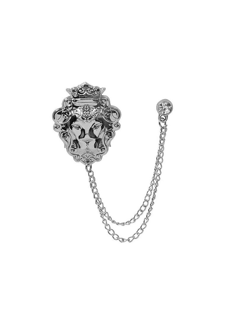 Men Silver Plated Lion Design With Chain Brooch