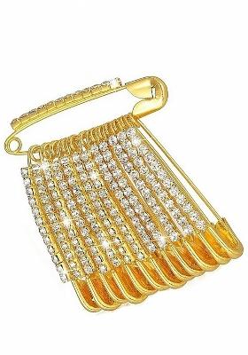 12 Pcs Gold Plated Rhinestone Safety Saree Pleats Pin Brooch