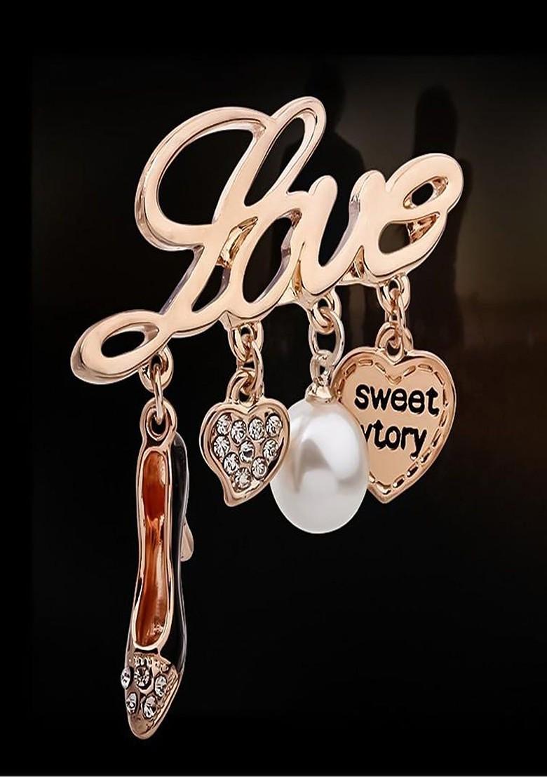 Women Gold Plated Love Sandal Crystal Studded Brooch