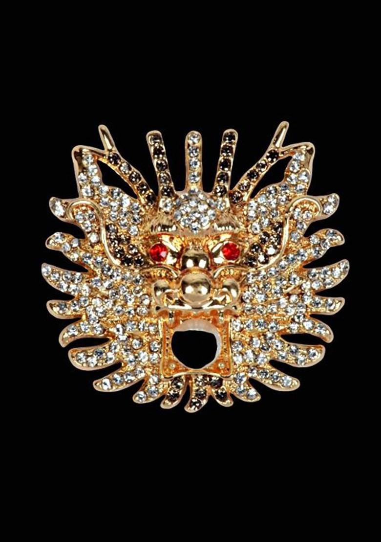 Men Gold Plated Dragon Metal Real Stones Studded Brooch
