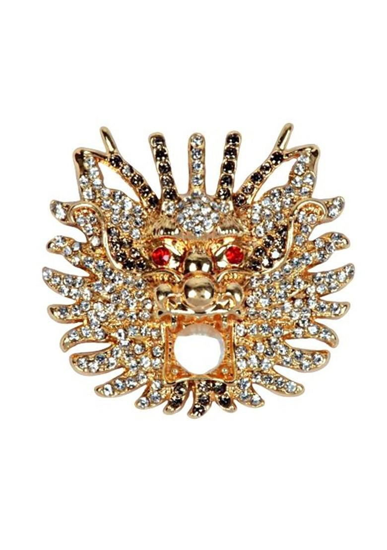Men Gold Plated Dragon Metal Real Stones Studded Brooch