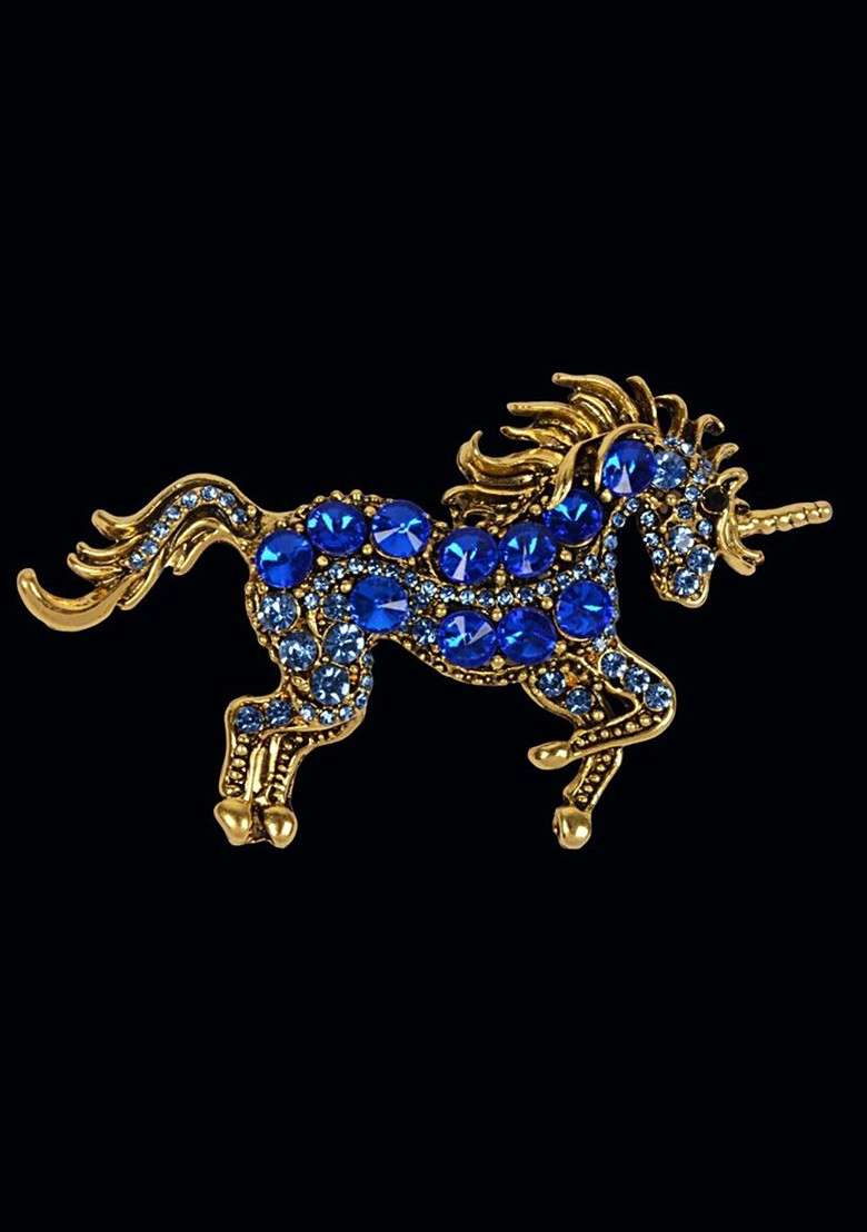 Blue Plated Metal Real Stones Brooch - Indya