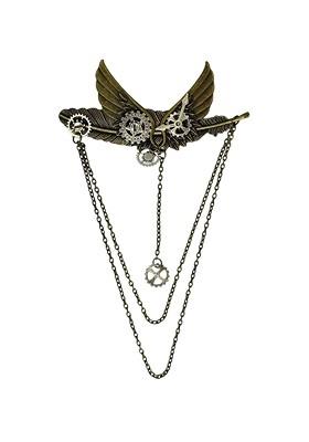 Gold Plated Steampunk Winged Gear Antique Lapel Pin Brooch With Chain