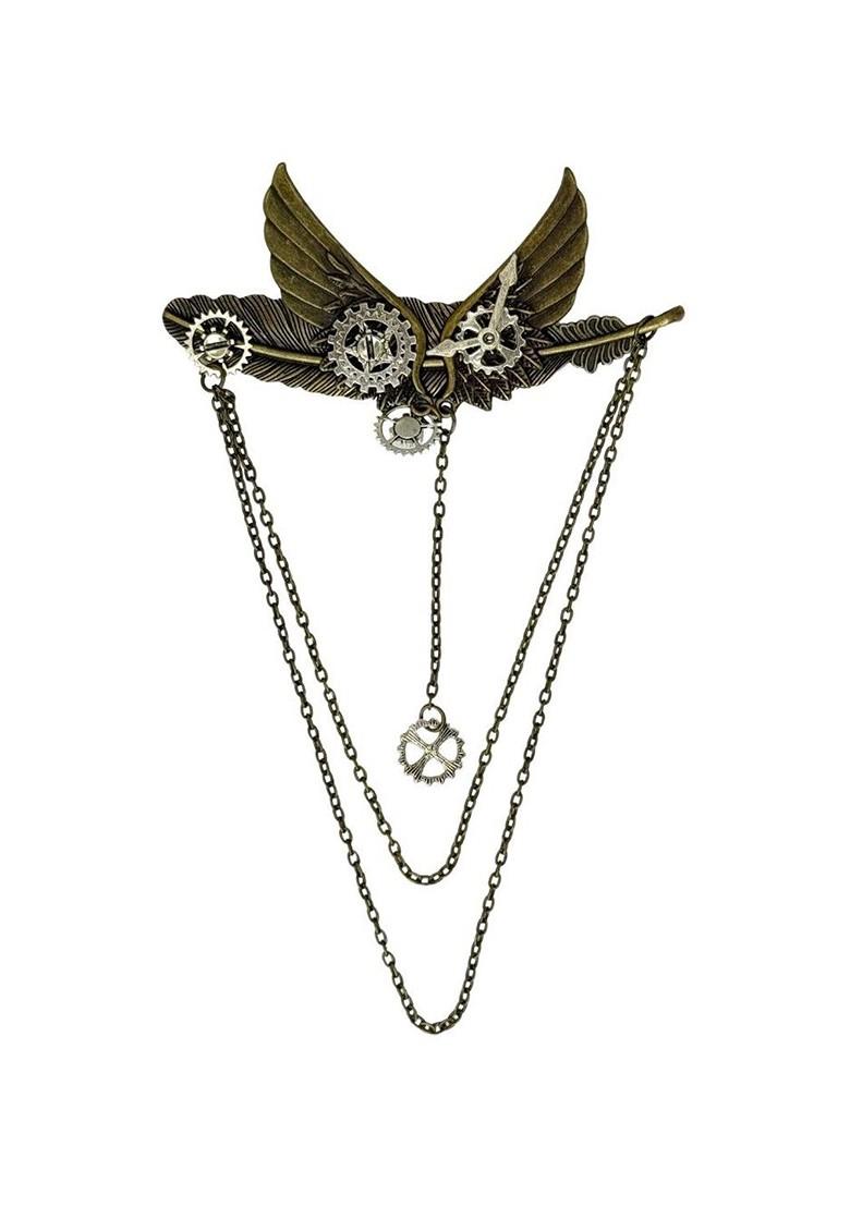 Gold Plated Steampunk Winged Gear Antique Lapel Pin Brooch With Chain