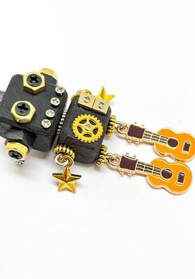 Black Gold Wooden Brass Twin Guitar Robot Lapel Pin Brooch