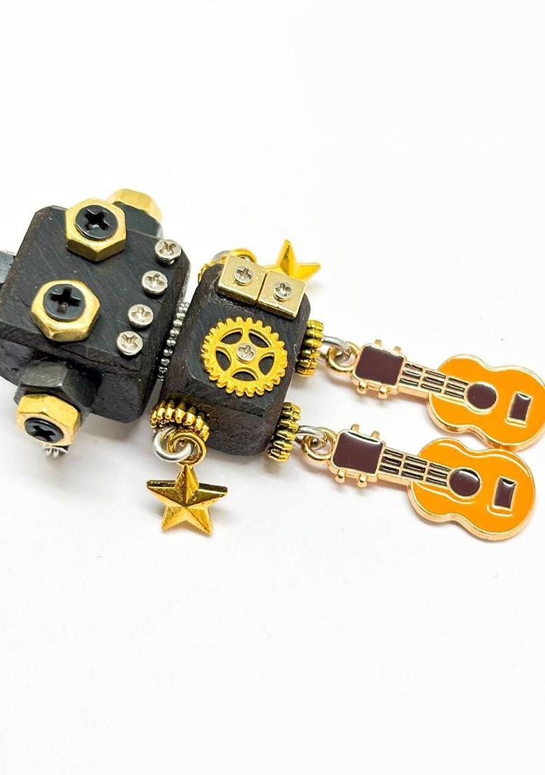 Black Gold Wooden Brass Twin Guitar Robot Lapel Pin Brooch