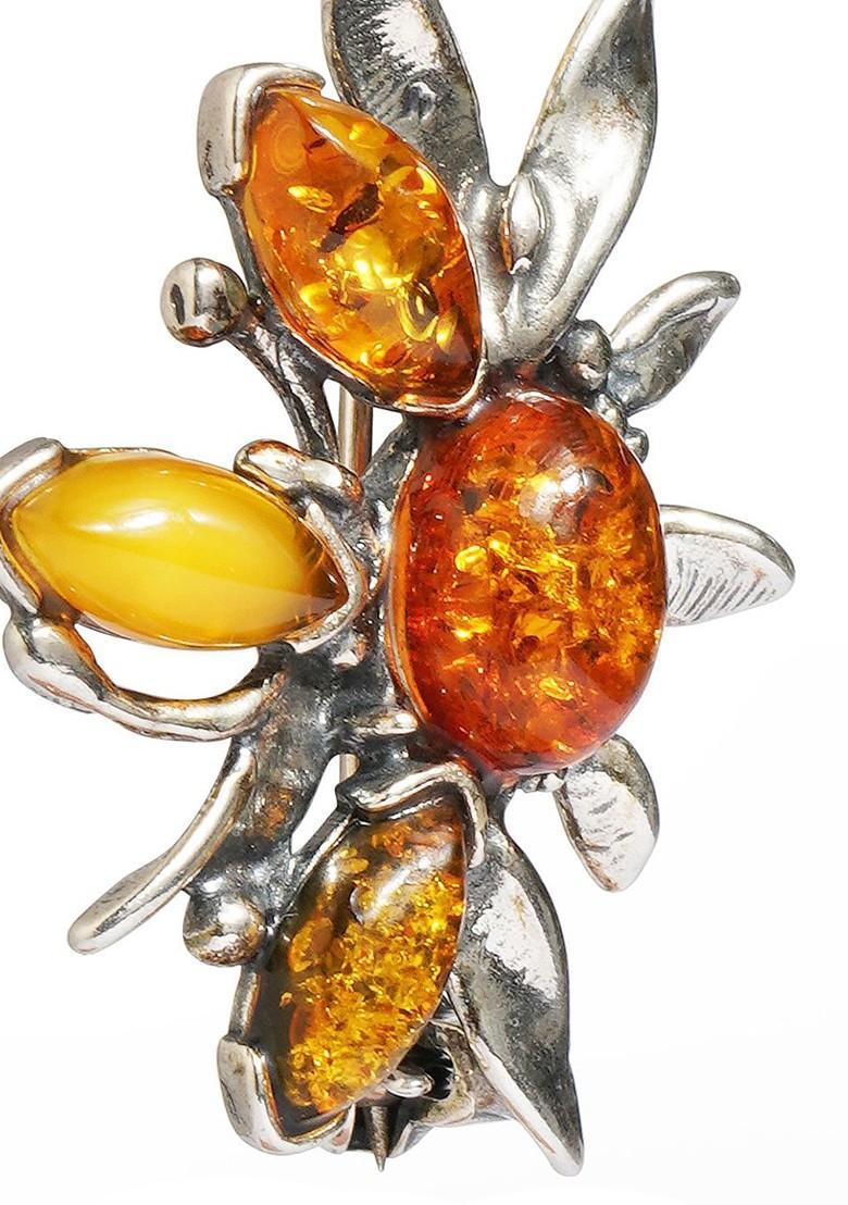 Multicolor 925 Sterling Silver European Baltic Amber Leaves Brooch