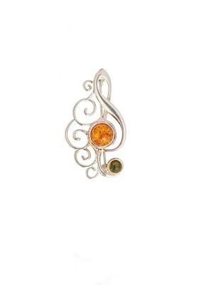 Cognac Green Sterling Silver European Baltic Amber Treble Clef Brooch