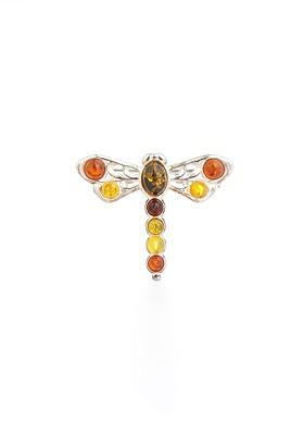 Multicolor Sterling Silver European Baltic Amber Small Dragonfly Brooch