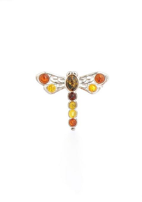 Multicolor Sterling Silver European Baltic Amber Small Dragonfly Brooch
