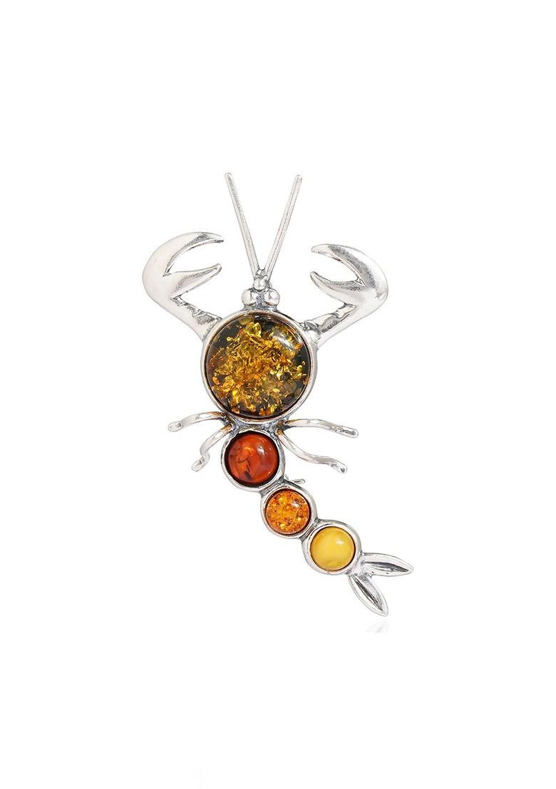 Multicolor 925 Sterling Silver European Baltic Amber Scorpion Brooch