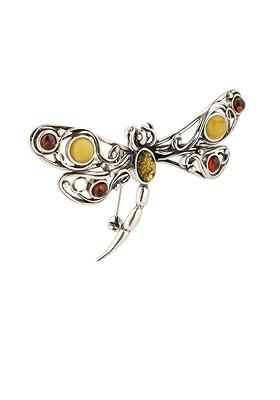 Multicolor 925 Sterling Silver European Baltic Amber Dragonfly Brooch