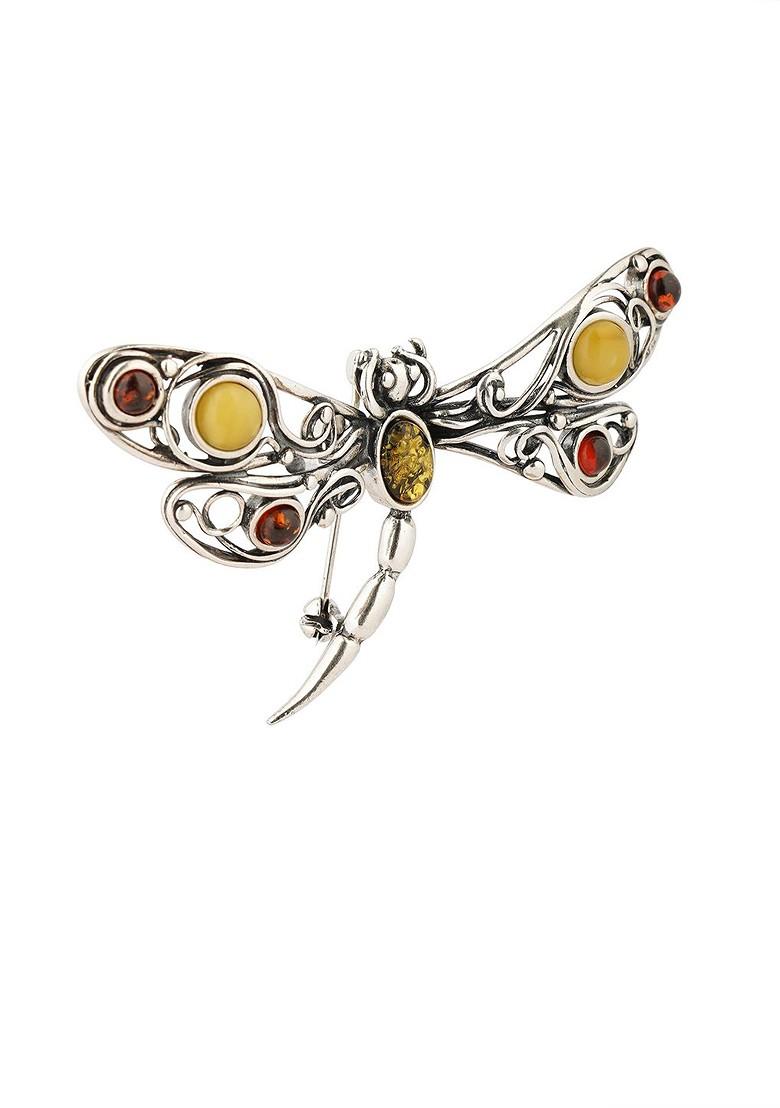 Multicolor 925 Sterling Silver European Baltic Amber Dragonfly Brooch