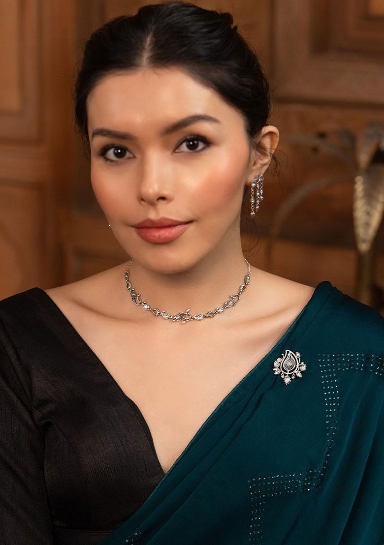 Oxidised Polki Silver Brooch