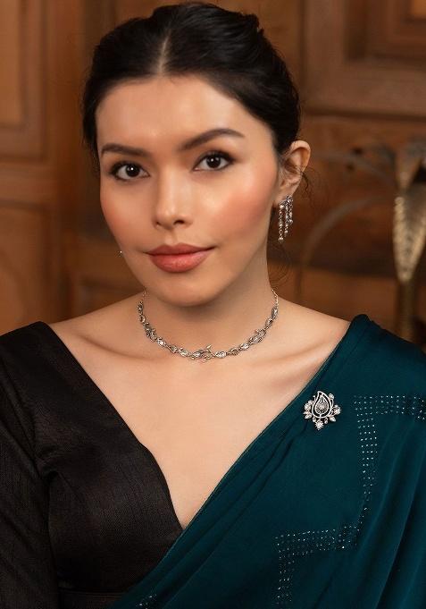 Oxidised Polki Silver Brooch