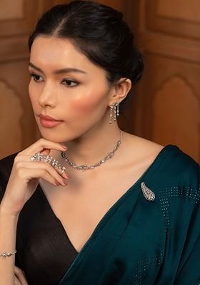 925 Silver Artificial Stones Studded Paisley Motif Oxidised Brooch