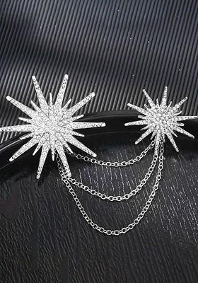 Silver Plated Cz Studded Twinkling Star Pattern Three Layer Chain Pin Brooch