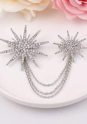 Silver Plated Cz Studded Twinkling Star Pattern Three Layer Chain Pin Brooch