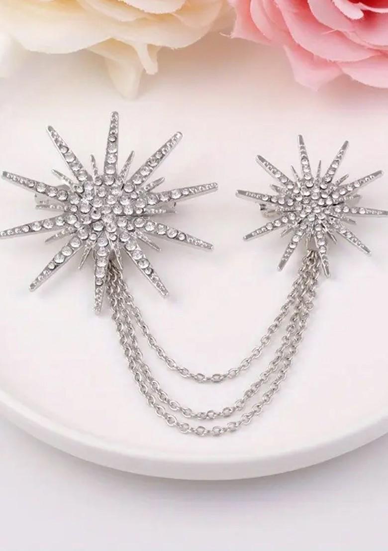 Silver Plated Cz Studded Twinkling Star Pattern Three Layer Chain Pin Brooch