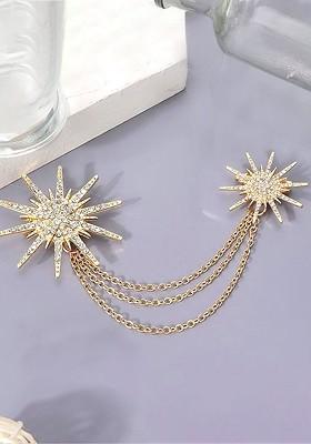Gold Plated Cz Studded Twinkling Star Pattern Three Layer Chain Pin Brooch