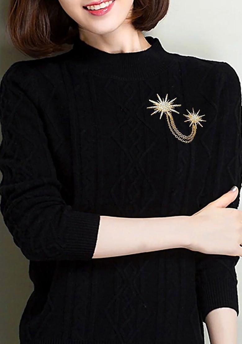 Gold Plated Cz Studded Twinkling Star Pattern Three Layer Chain Pin Brooch