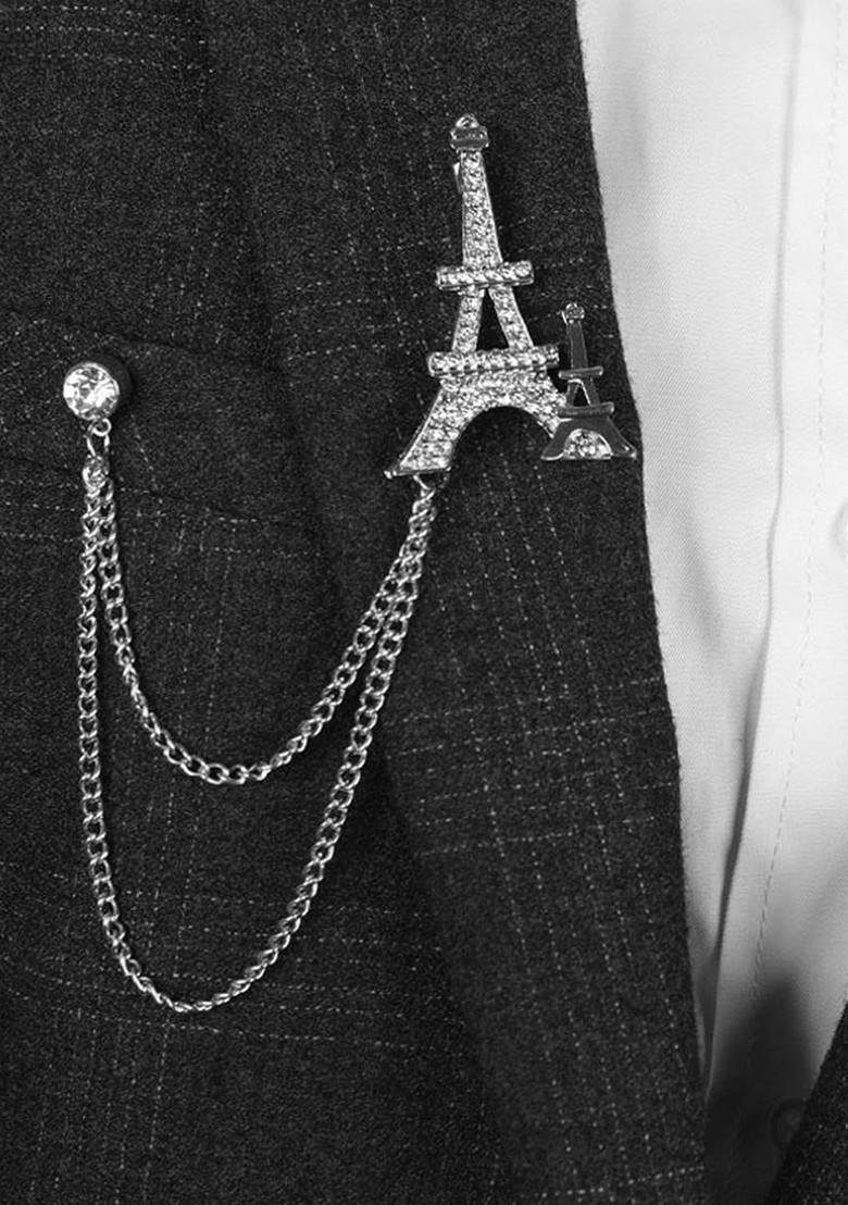 Silver Plated Cz Studded Eiffel Tower Double Chain Pin Brooch