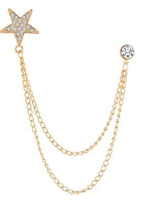 Gold Plated Cz Studded Star Pattern Double Chain Pin Brooch