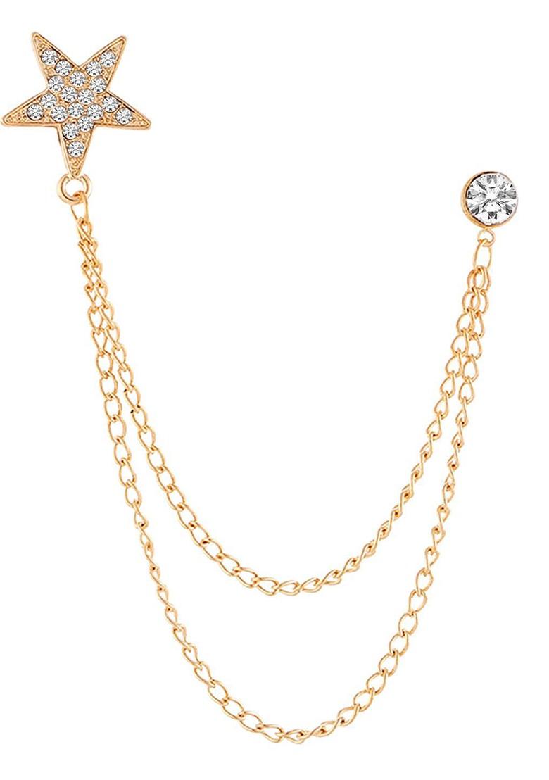 Gold Plated Cz Studded Star Pattern Double Chain Pin Brooch
