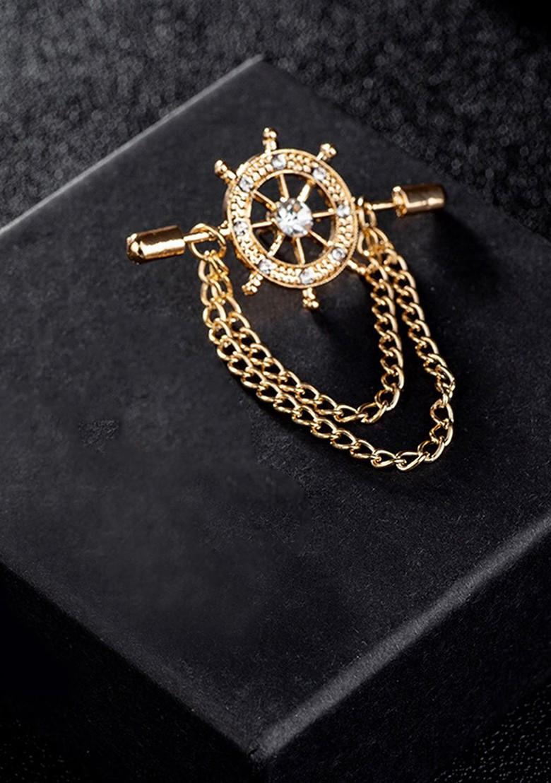 Gold Plated Cubic Zirconia Studded Double Chain Pin Brooch