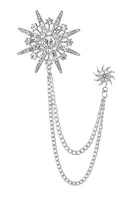 Silver Plated Cubic Zirconia Studded Star Sunshine Double Chain Pin Brooch