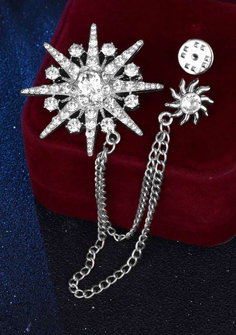 Silver Plated Cubic Zirconia Studded Star Sunshine Double Chain Pin Brooch - Indya