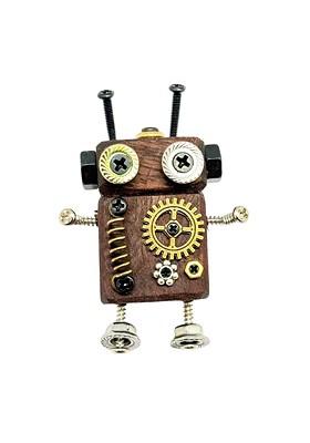 Men Brown Gold Wooden Brass Steampunk Robot Lapel Pin Brooch