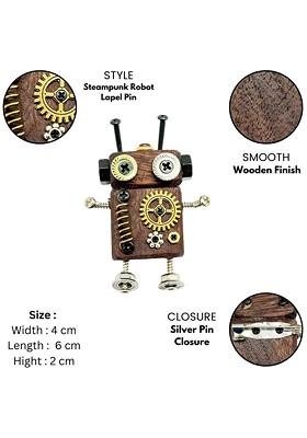 Men Brown Gold Wooden Brass Steampunk Robot Lapel Pin Brooch