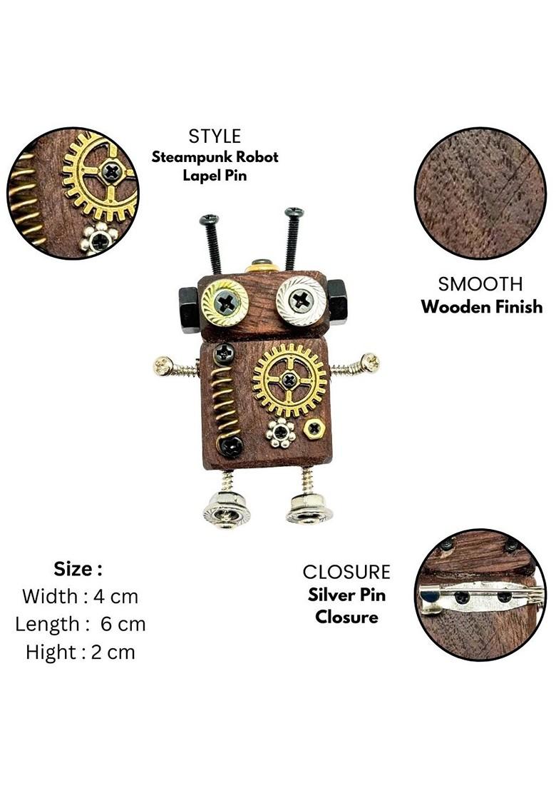 Men Brown Gold Wooden Brass Steampunk Robot Lapel Pin Brooch