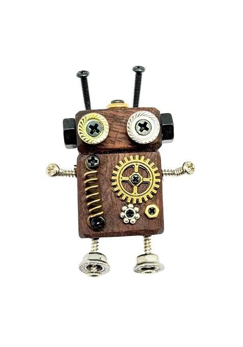 Men Brown Gold Wooden Brass Steampunk Robot Lapel Pin Brooch