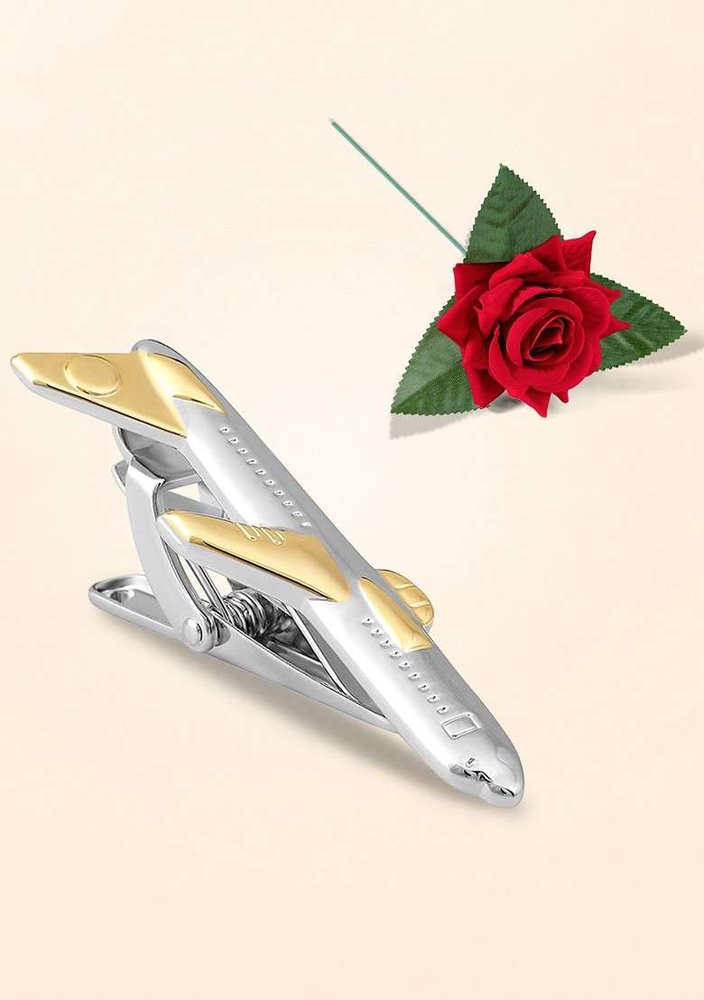 Men Silver Plated Gold Plated Airplane Shape Minimal Tie Pin With Red Rose - Indya