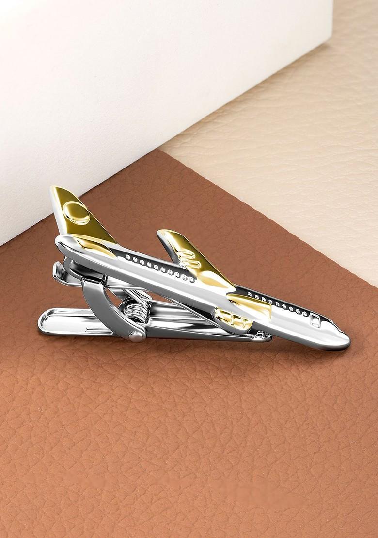 Men Silver Plated Gold Plated Airplane Shape Minimal Tie Pin With Red Rose