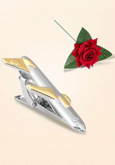 Men Silver Plated Gold Plated Airplane Shape Minimal Tie Pin With Red Rose