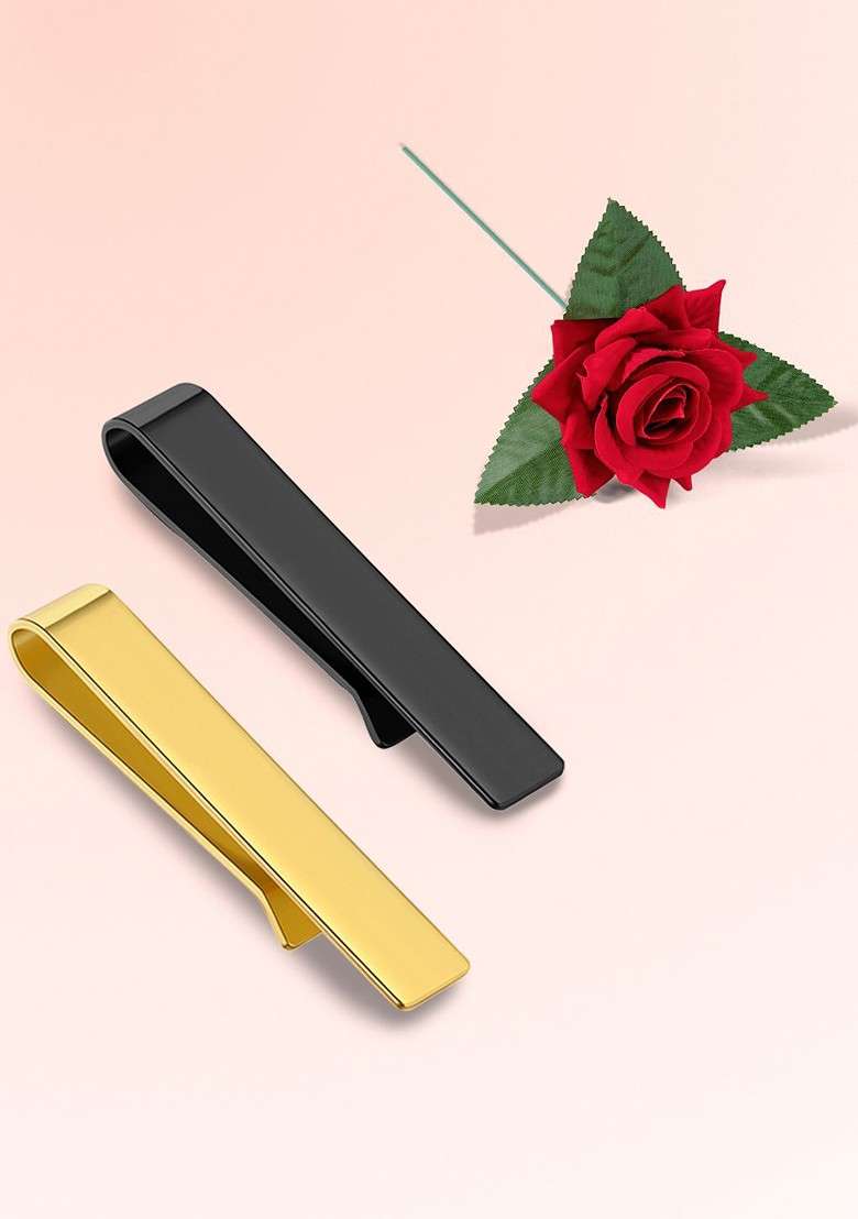 Set Of 2 Stainless Steel Tie Pins With Red Rose - Indya