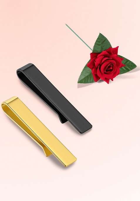 Set Of 2 Stainless Steel Tie Pins With Red Rose