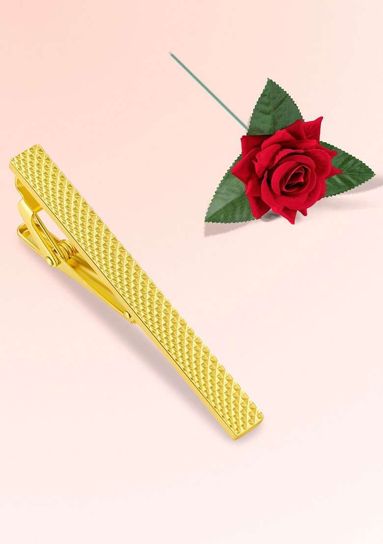 Men Gold Plated Minimal Tie Pin With Red Rose - Indya
