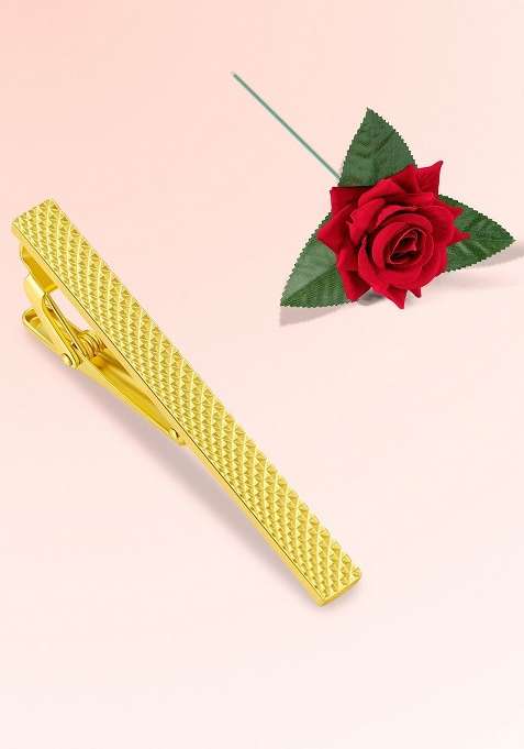 Men Gold Plated Minimal Tie Pin With Red Rose