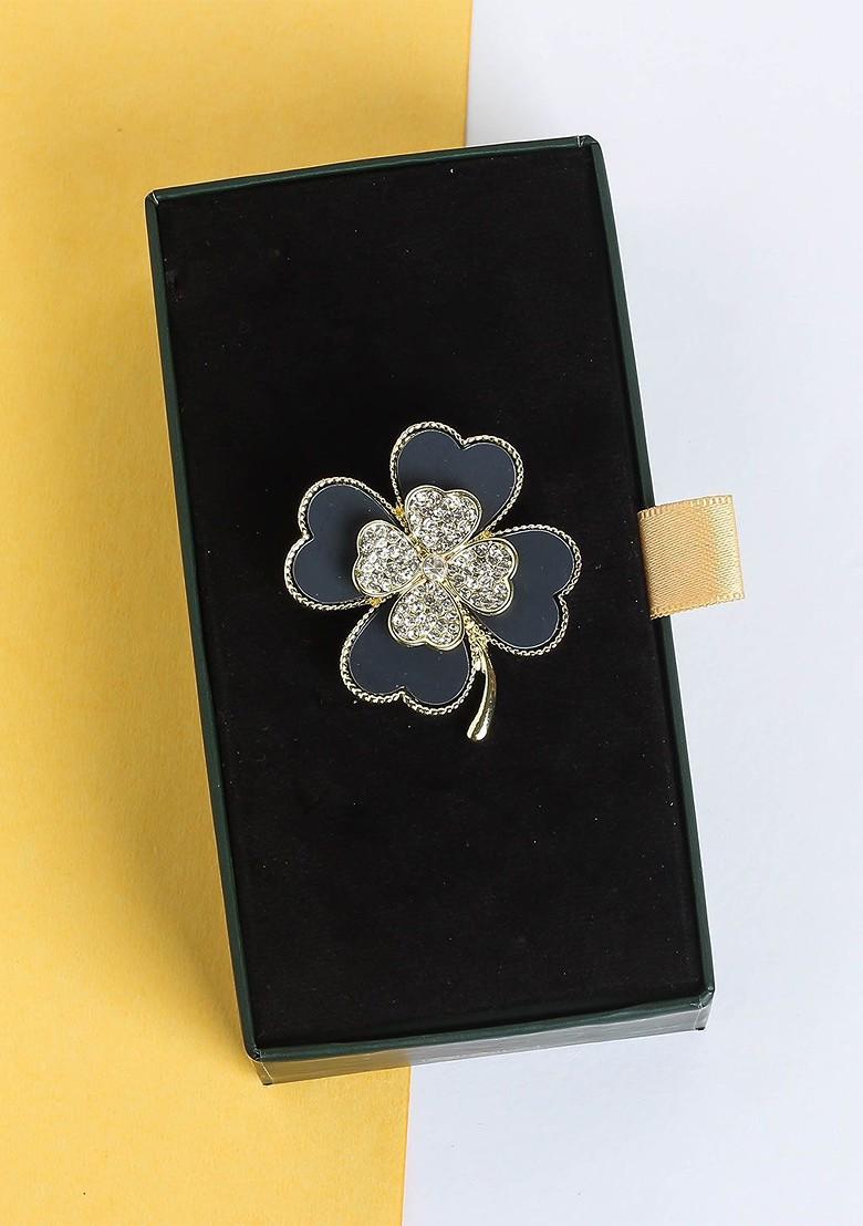 Men Stone Studded Clover Leaf Brooch