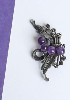 Men Gemstone Stone Studded Beaded Leaf Brooch