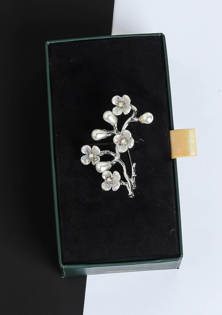 Men Artificial Stone Studded Beaded Floral Branch Brooch