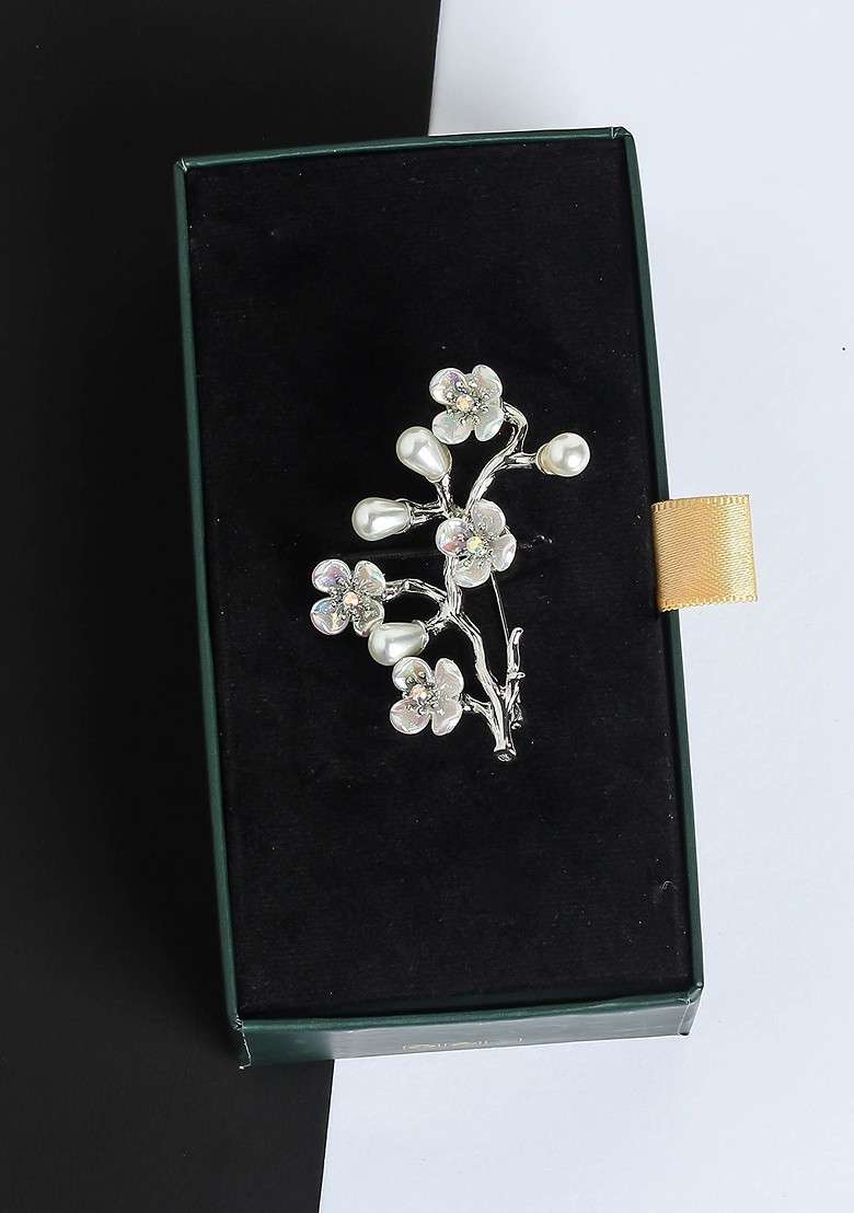 Men Artificial Stone Studded Beaded Floral Branch Brooch - Indya